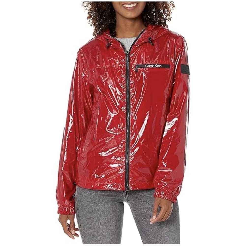 Calvin Klein Women's XS Red High Shine Hooded Lightweight Water Resistant Jacket